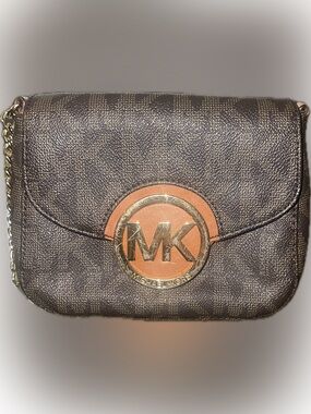 Michael Kors Brown Leather MK Logo Clasp Crossbody Purse with Gold Hardware